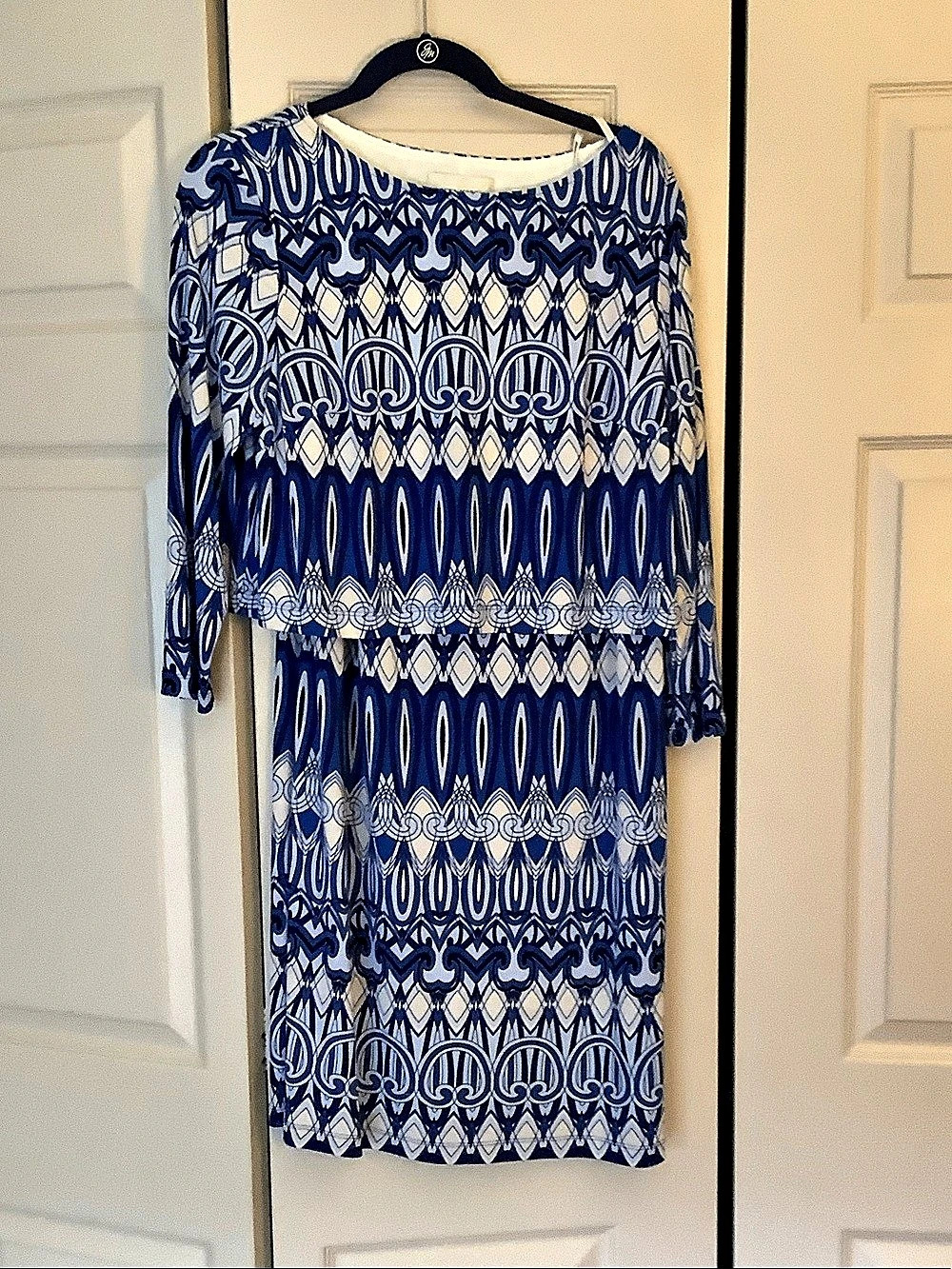 Donna Morgan Geometric Midi Dress in Blue & White Size 14 Like New
